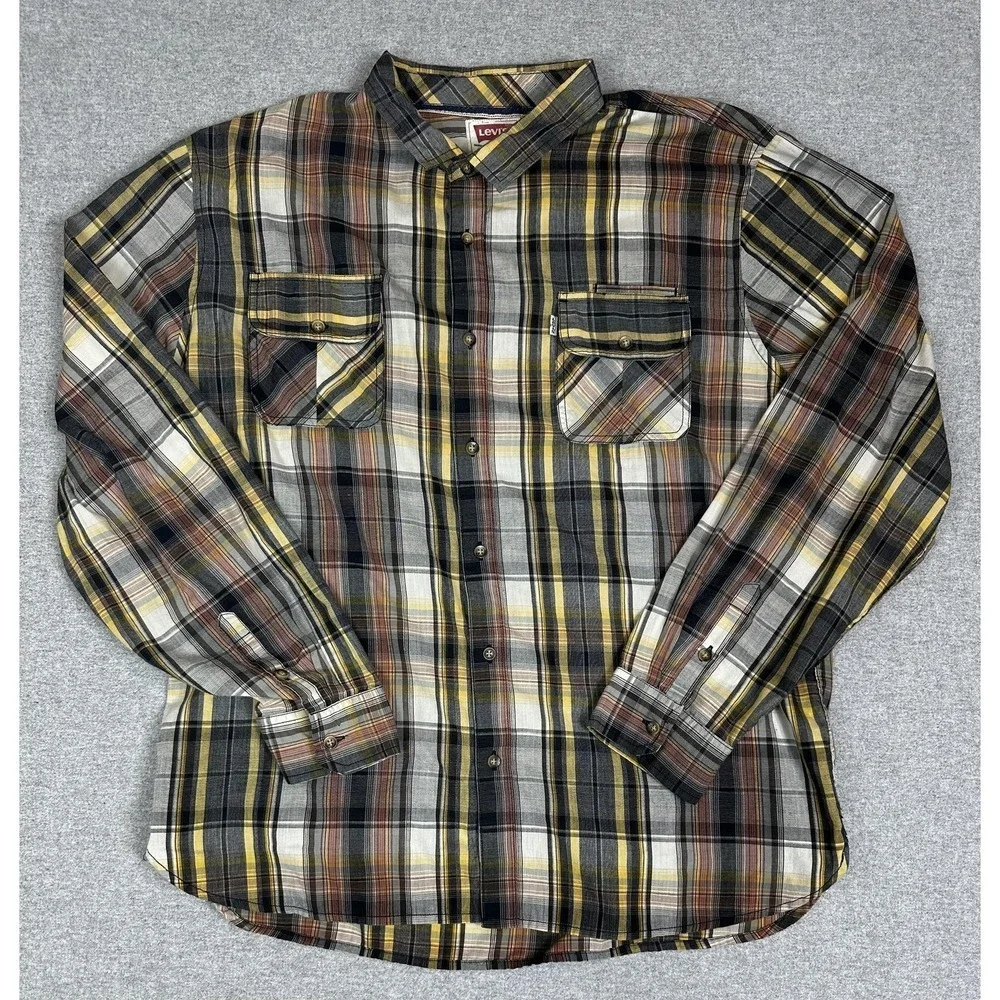 Levi's Shirt Mens XL Yellow Black Plaid Button Front Long Sleeve Western Casual